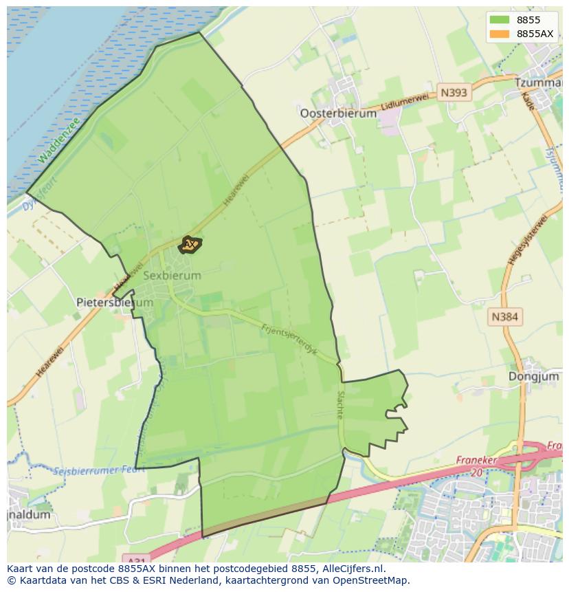 Afbeelding van het postcodegebied 8855 AX op de kaart.