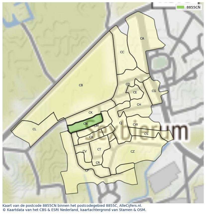 Afbeelding van het postcodegebied 8855 CN op de kaart.