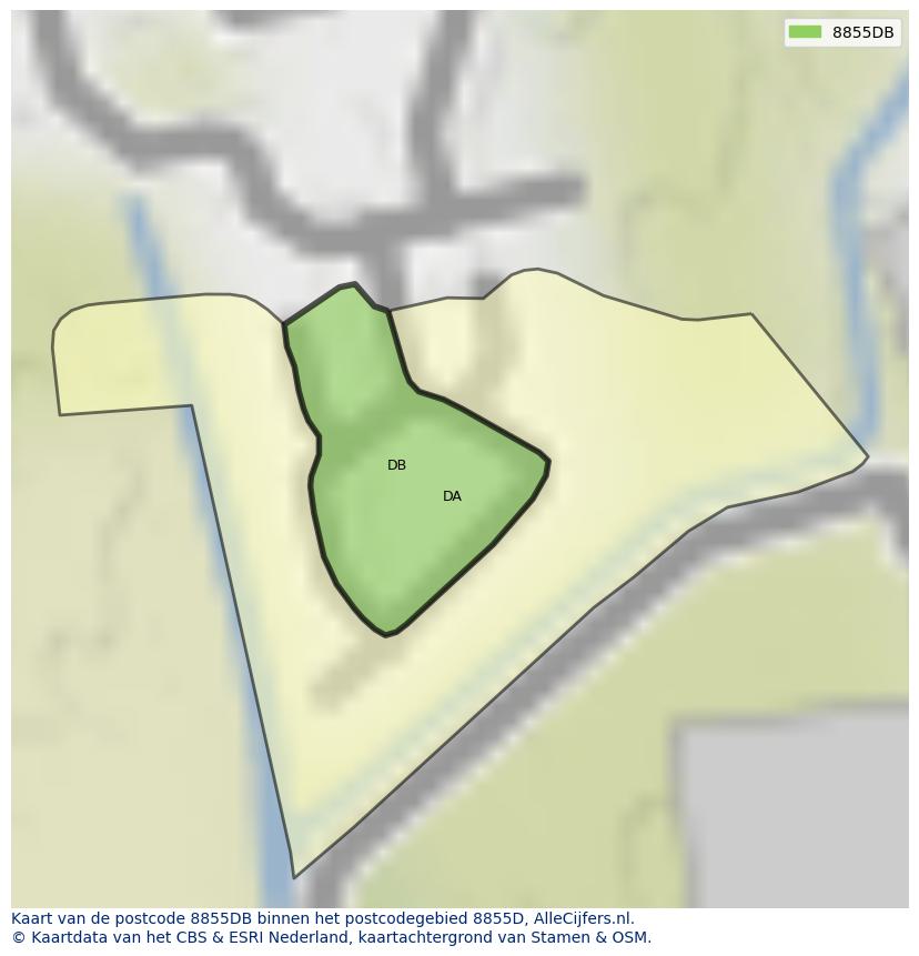 Afbeelding van het postcodegebied 8855 DB op de kaart.