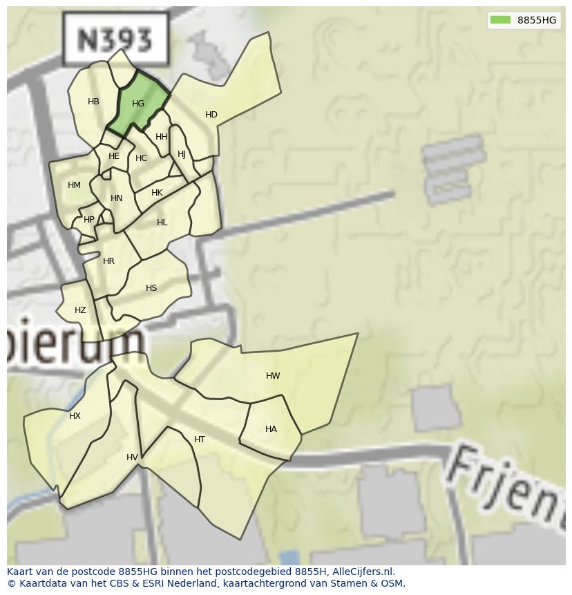 Afbeelding van het postcodegebied 8855 HG op de kaart.
