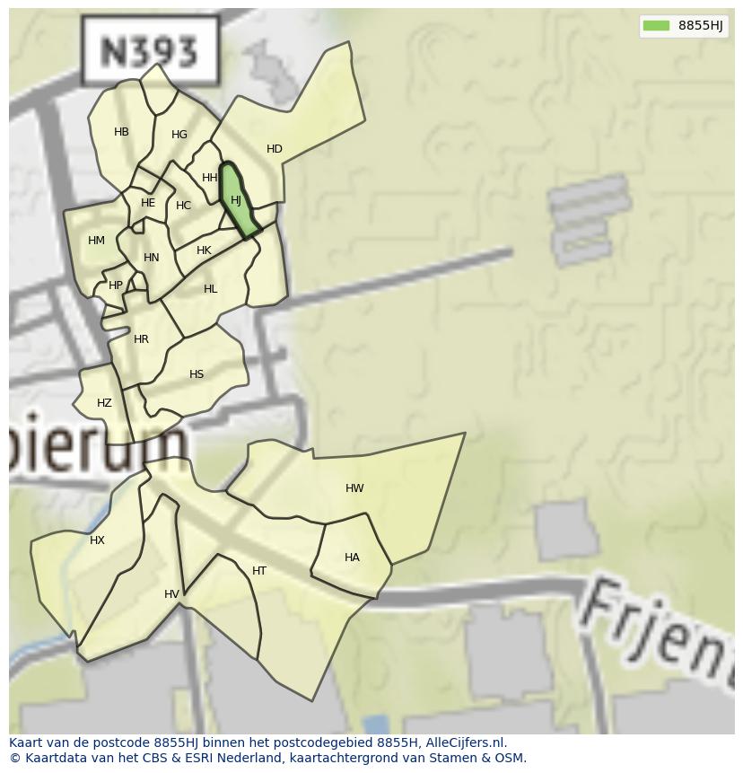 Afbeelding van het postcodegebied 8855 HJ op de kaart.