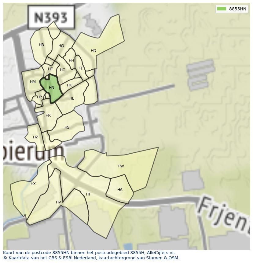 Afbeelding van het postcodegebied 8855 HN op de kaart.