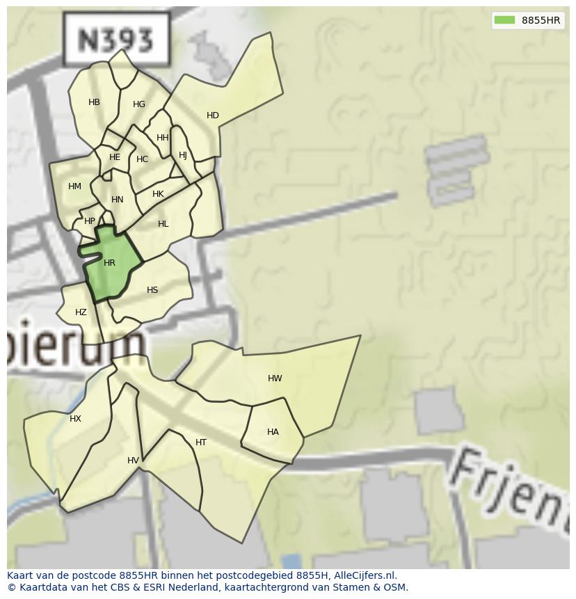 Afbeelding van het postcodegebied 8855 HR op de kaart.