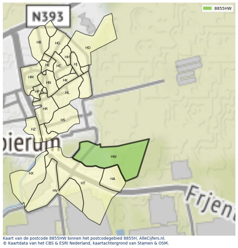 Afbeelding van het postcodegebied 8855 HW op de kaart.