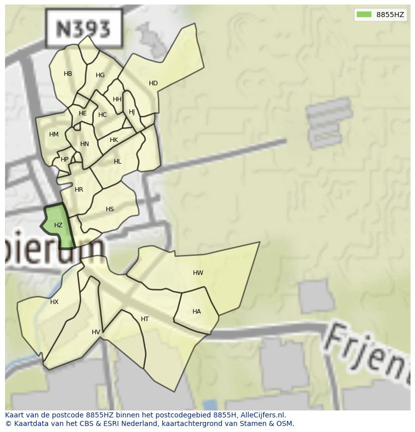Afbeelding van het postcodegebied 8855 HZ op de kaart.