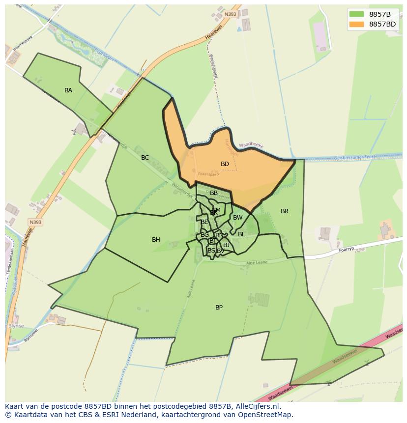 Afbeelding van het postcodegebied 8857 BD op de kaart.