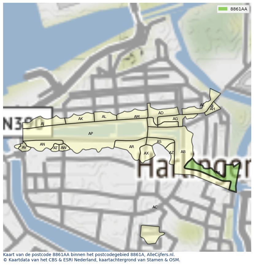 Afbeelding van het postcodegebied 8861 AA op de kaart.