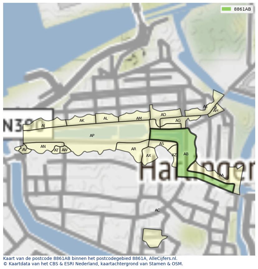 Afbeelding van het postcodegebied 8861 AB op de kaart.