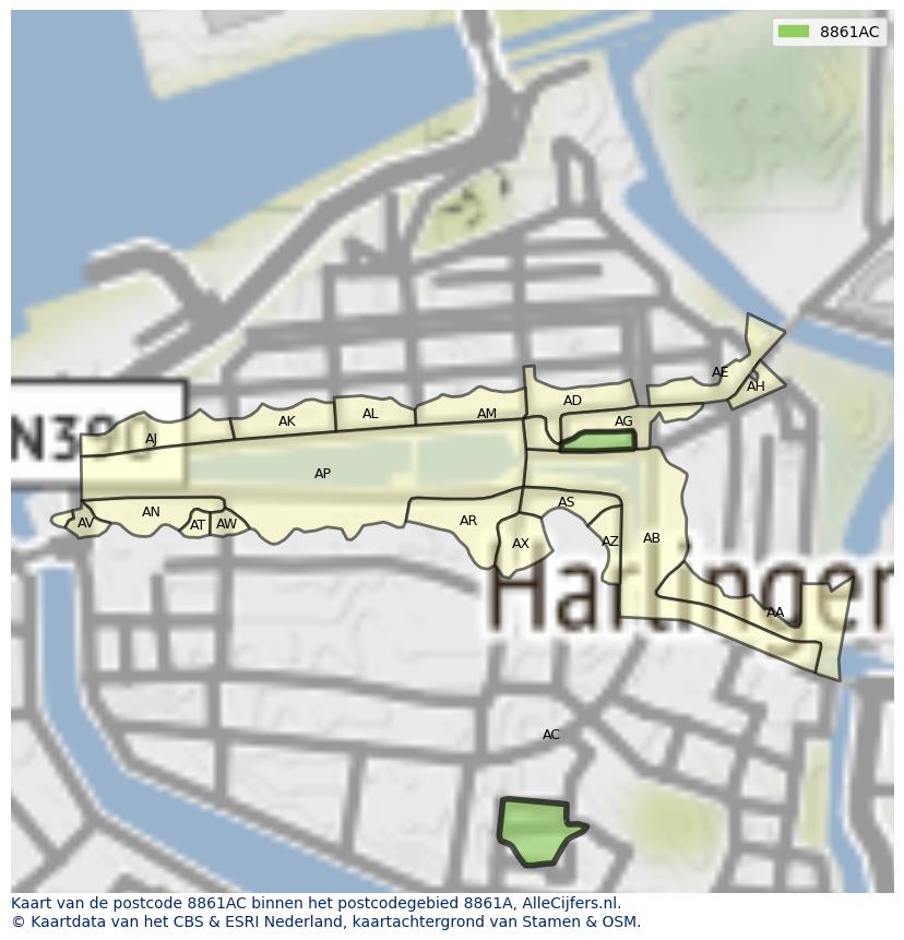 Afbeelding van het postcodegebied 8861 AC op de kaart.