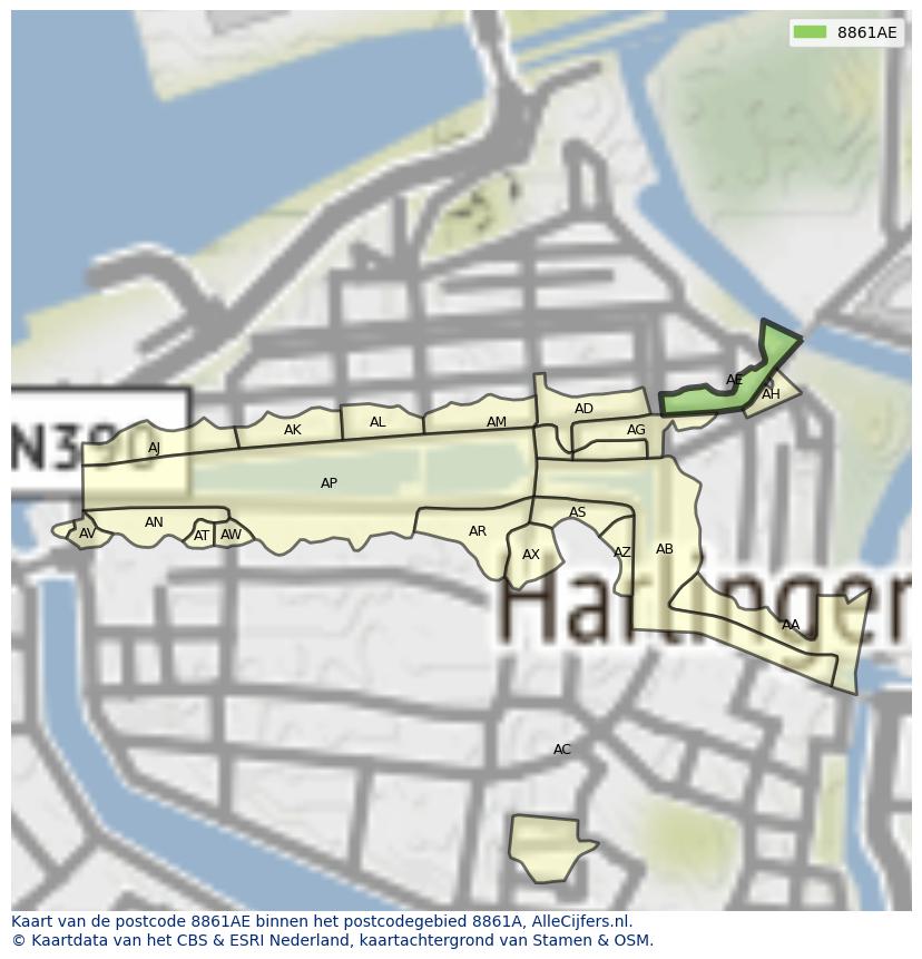 Afbeelding van het postcodegebied 8861 AE op de kaart.