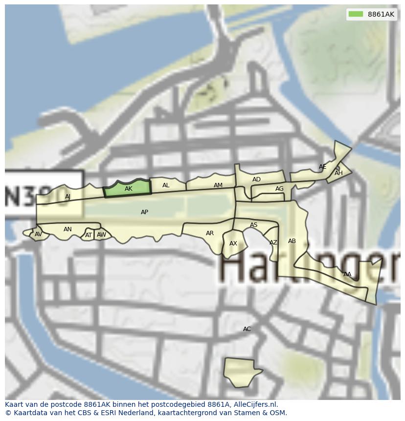 Afbeelding van het postcodegebied 8861 AK op de kaart.