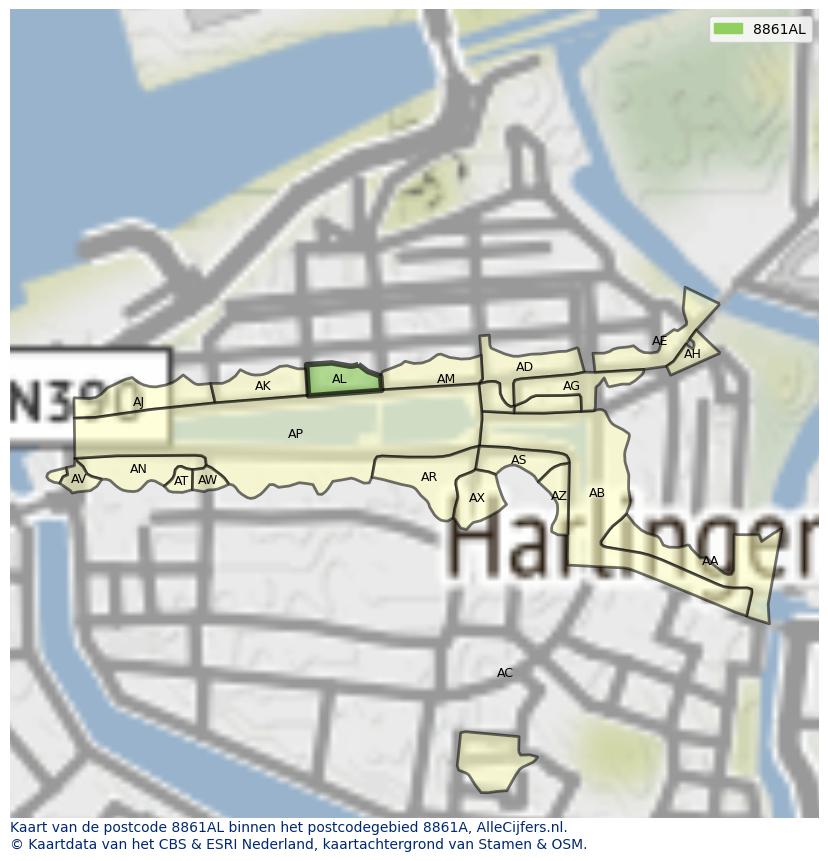 Afbeelding van het postcodegebied 8861 AL op de kaart.