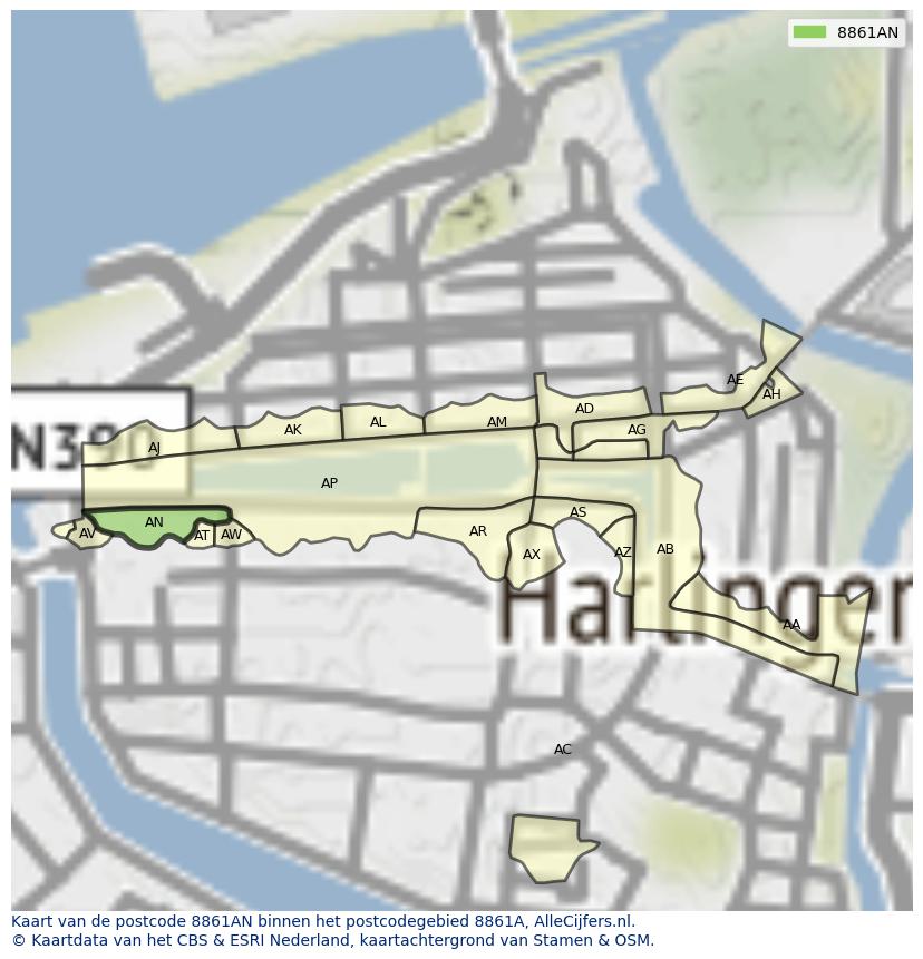 Afbeelding van het postcodegebied 8861 AN op de kaart.