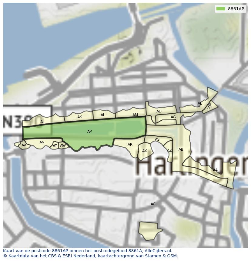 Afbeelding van het postcodegebied 8861 AP op de kaart.