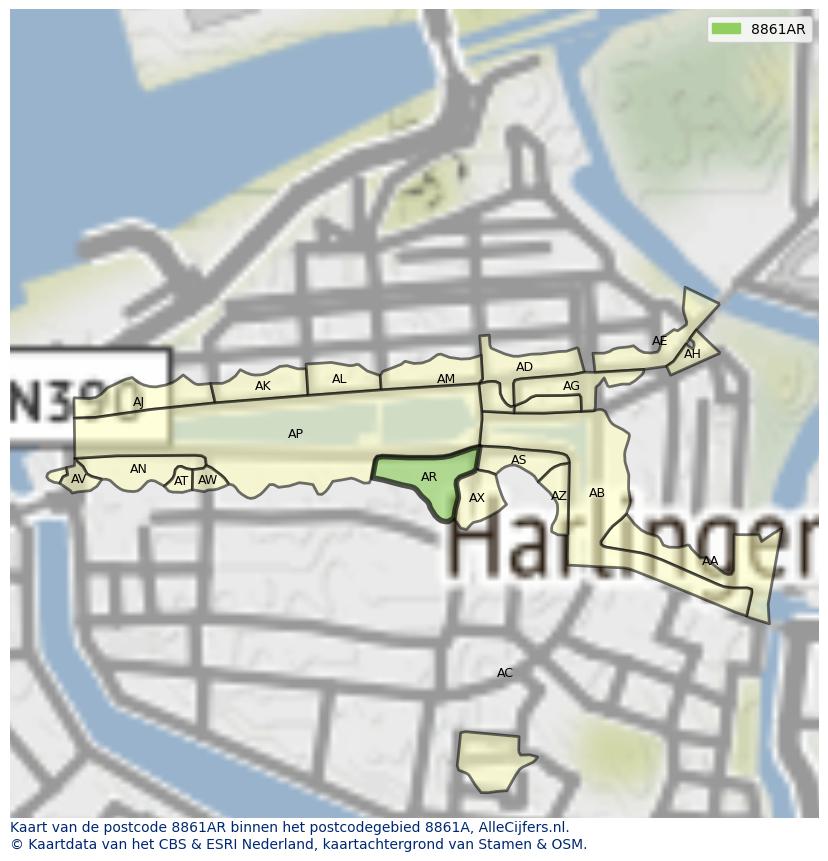 Afbeelding van het postcodegebied 8861 AR op de kaart.