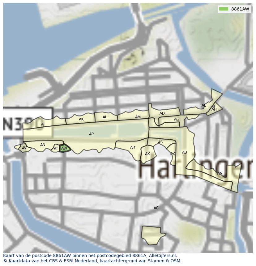 Afbeelding van het postcodegebied 8861 AW op de kaart.
