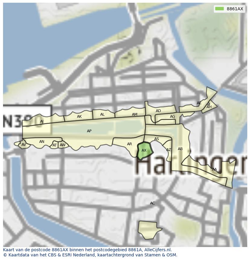 Afbeelding van het postcodegebied 8861 AX op de kaart.