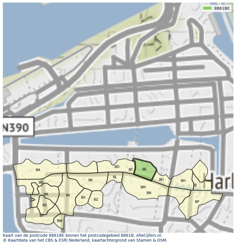 Afbeelding van het postcodegebied 8861 BE op de kaart.