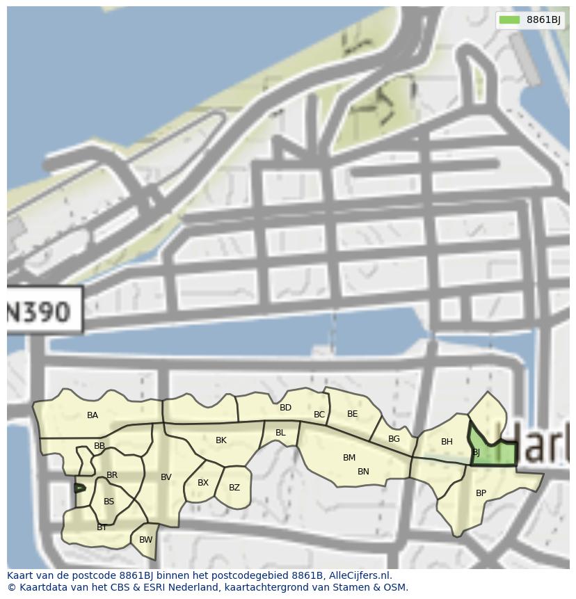 Afbeelding van het postcodegebied 8861 BJ op de kaart.
