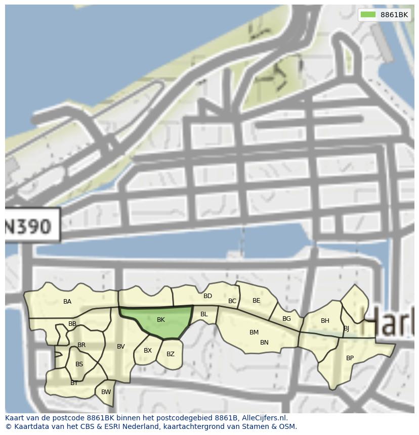 Afbeelding van het postcodegebied 8861 BK op de kaart.