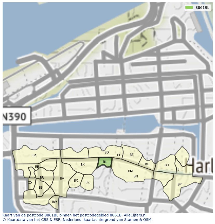 Afbeelding van het postcodegebied 8861 BL op de kaart.