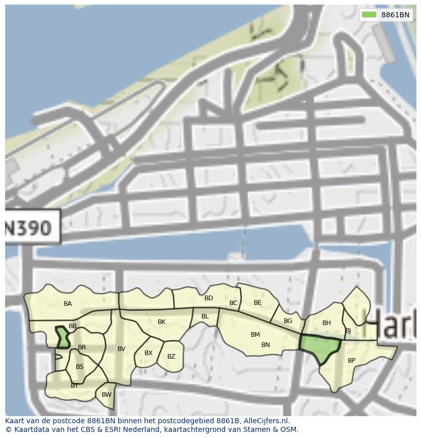 Afbeelding van het postcodegebied 8861 BN op de kaart.