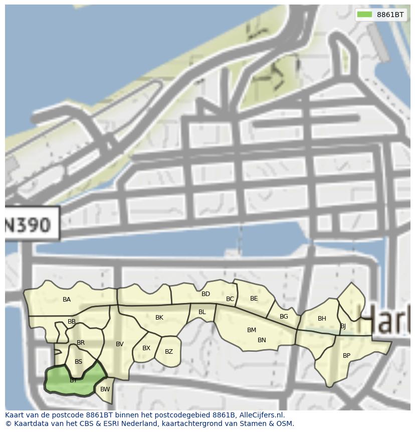 Afbeelding van het postcodegebied 8861 BT op de kaart.