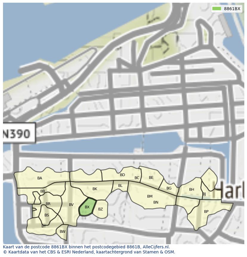 Afbeelding van het postcodegebied 8861 BX op de kaart.