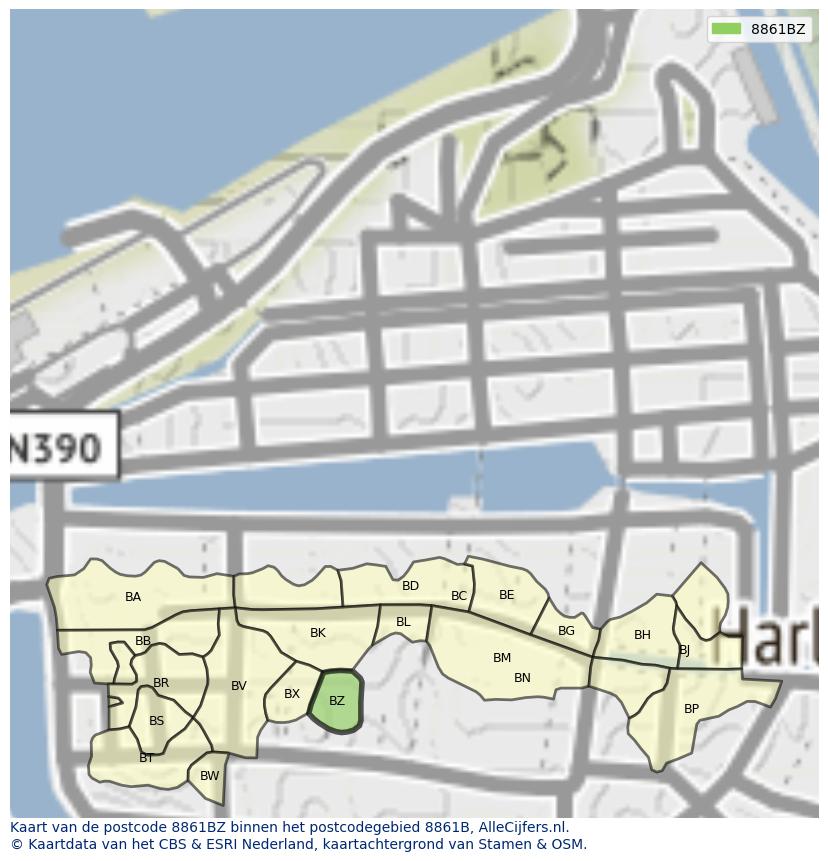 Afbeelding van het postcodegebied 8861 BZ op de kaart.