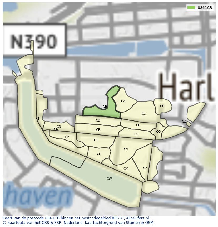 Afbeelding van het postcodegebied 8861 CB op de kaart.