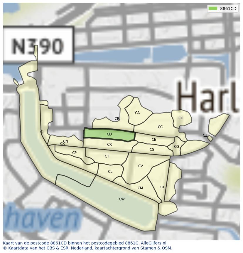 Afbeelding van het postcodegebied 8861 CD op de kaart.