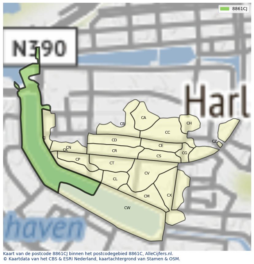Afbeelding van het postcodegebied 8861 CJ op de kaart.