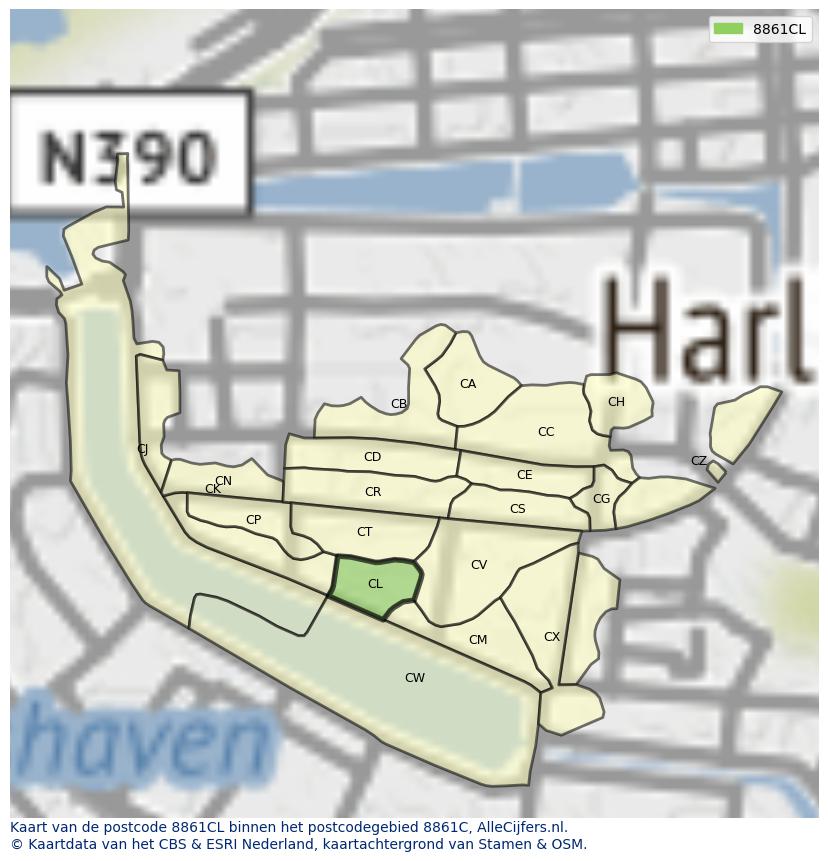 Afbeelding van het postcodegebied 8861 CL op de kaart.