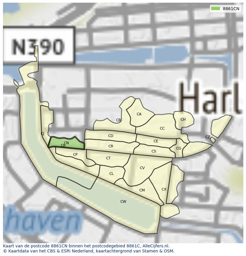 Afbeelding van het postcodegebied 8861 CN op de kaart.