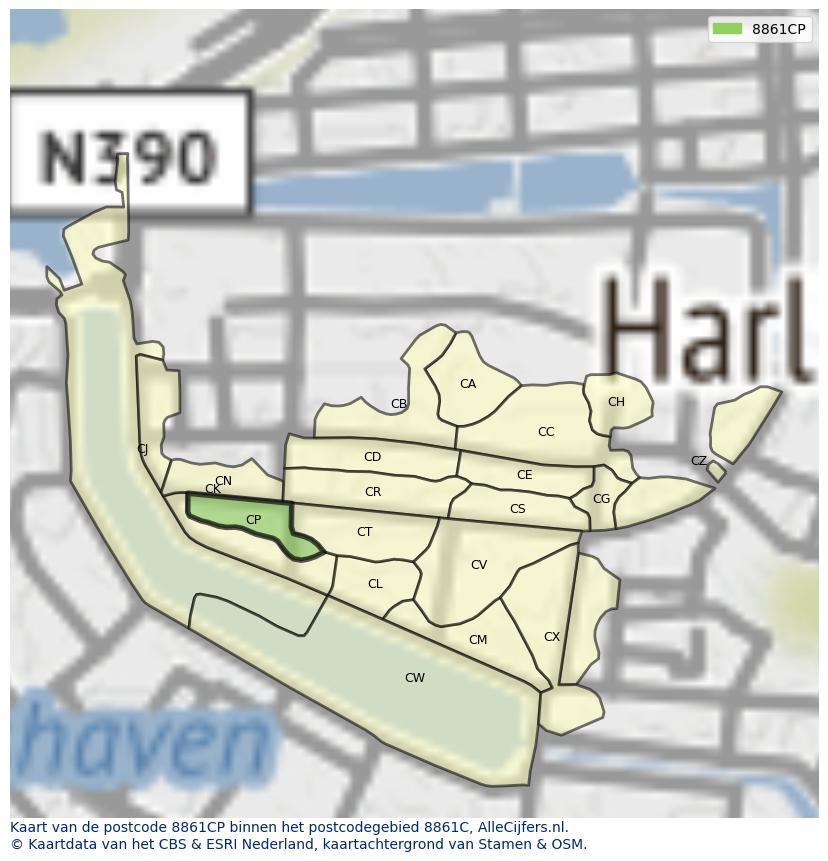 Afbeelding van het postcodegebied 8861 CP op de kaart.