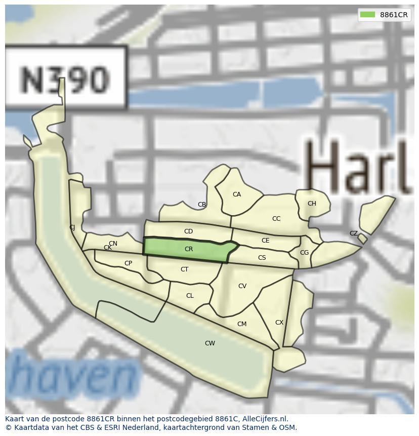Afbeelding van het postcodegebied 8861 CR op de kaart.