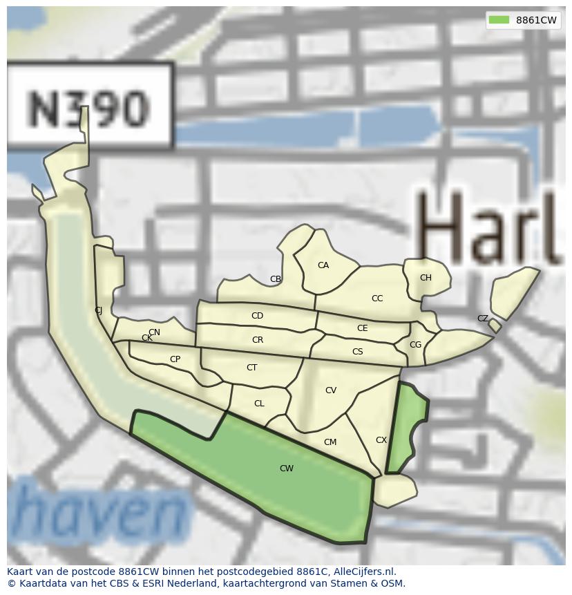 Afbeelding van het postcodegebied 8861 CW op de kaart.
