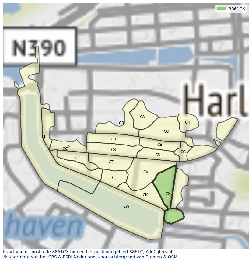 Afbeelding van het postcodegebied 8861 CX op de kaart.