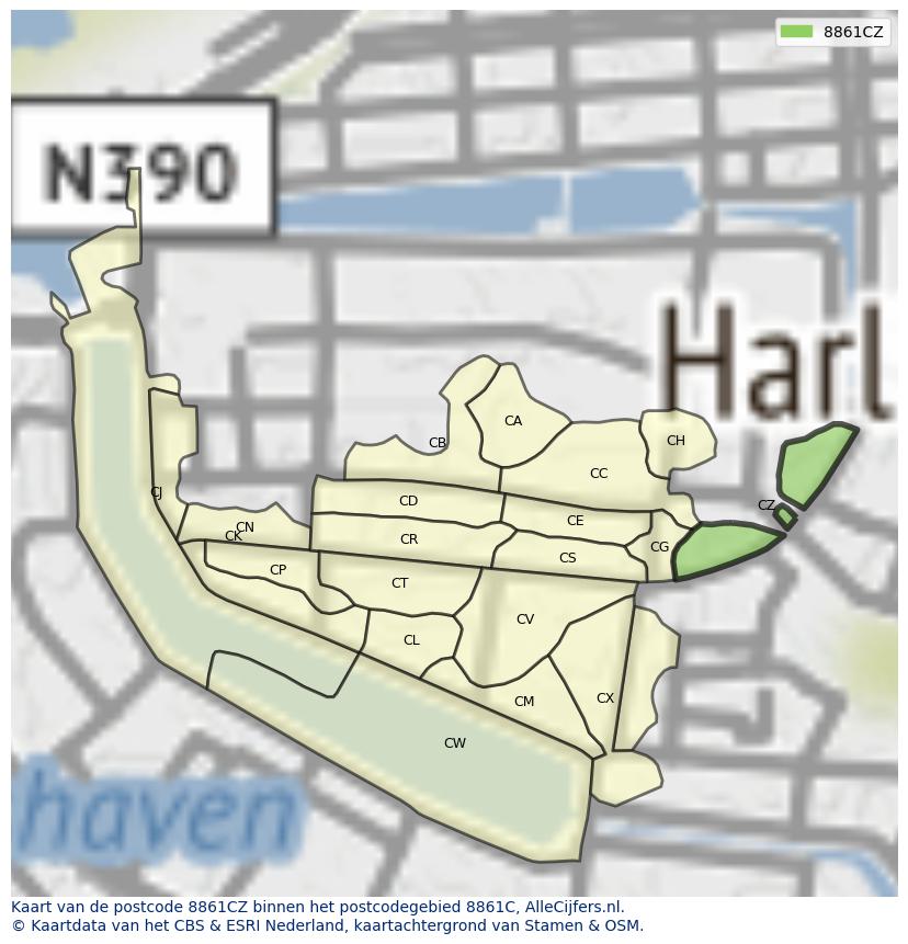 Afbeelding van het postcodegebied 8861 CZ op de kaart.