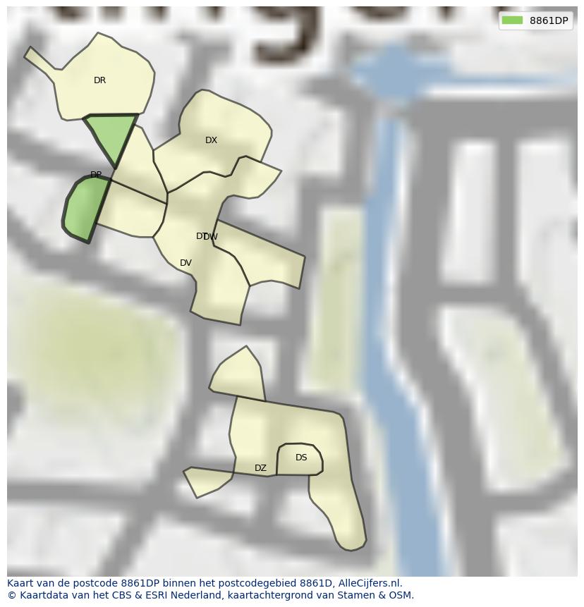 Afbeelding van het postcodegebied 8861 DP op de kaart.