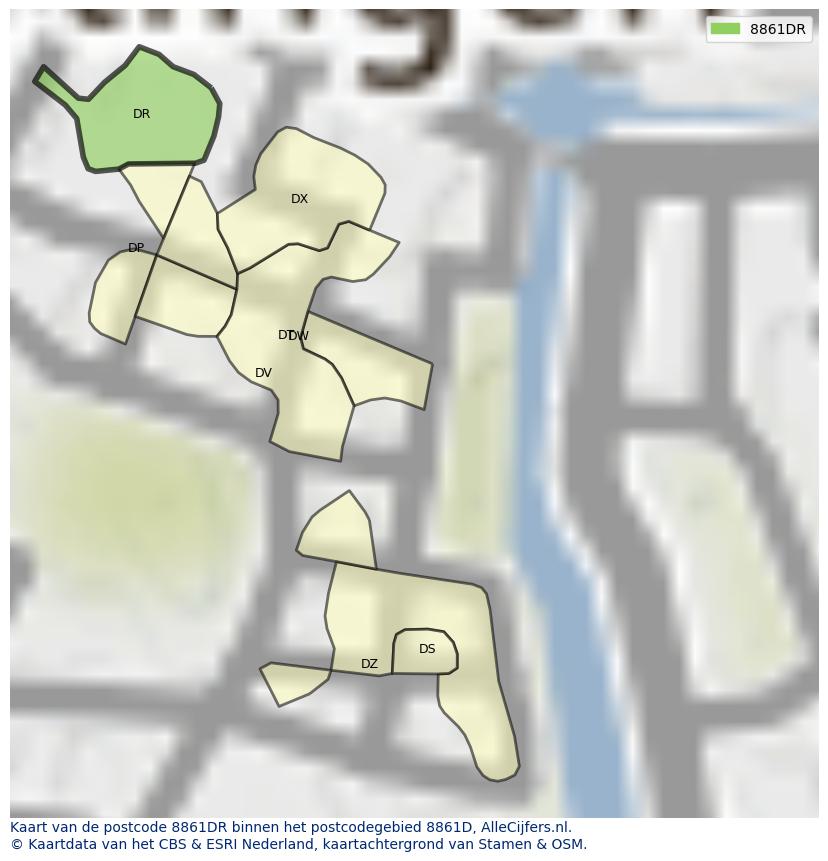 Afbeelding van het postcodegebied 8861 DR op de kaart.