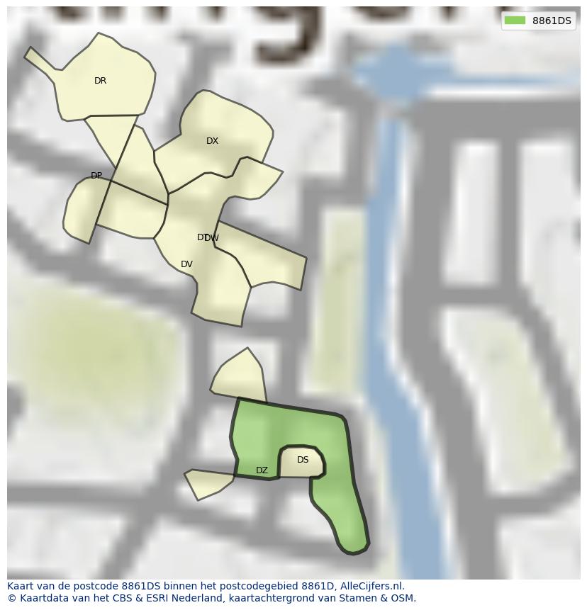 Afbeelding van het postcodegebied 8861 DS op de kaart.