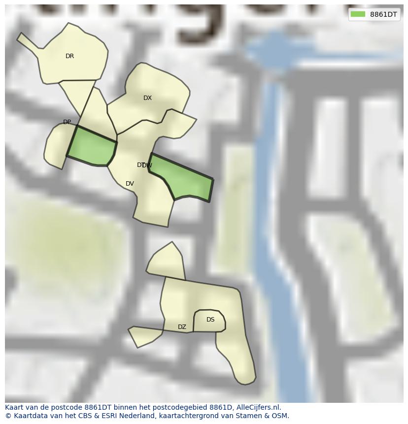 Afbeelding van het postcodegebied 8861 DT op de kaart.