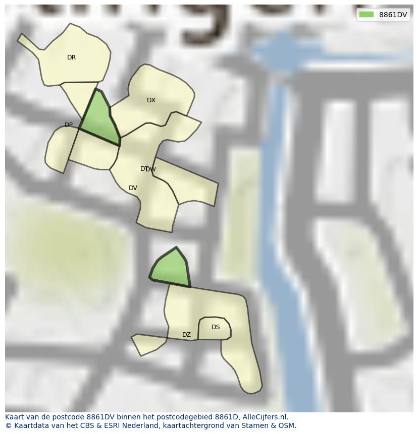 Afbeelding van het postcodegebied 8861 DV op de kaart.