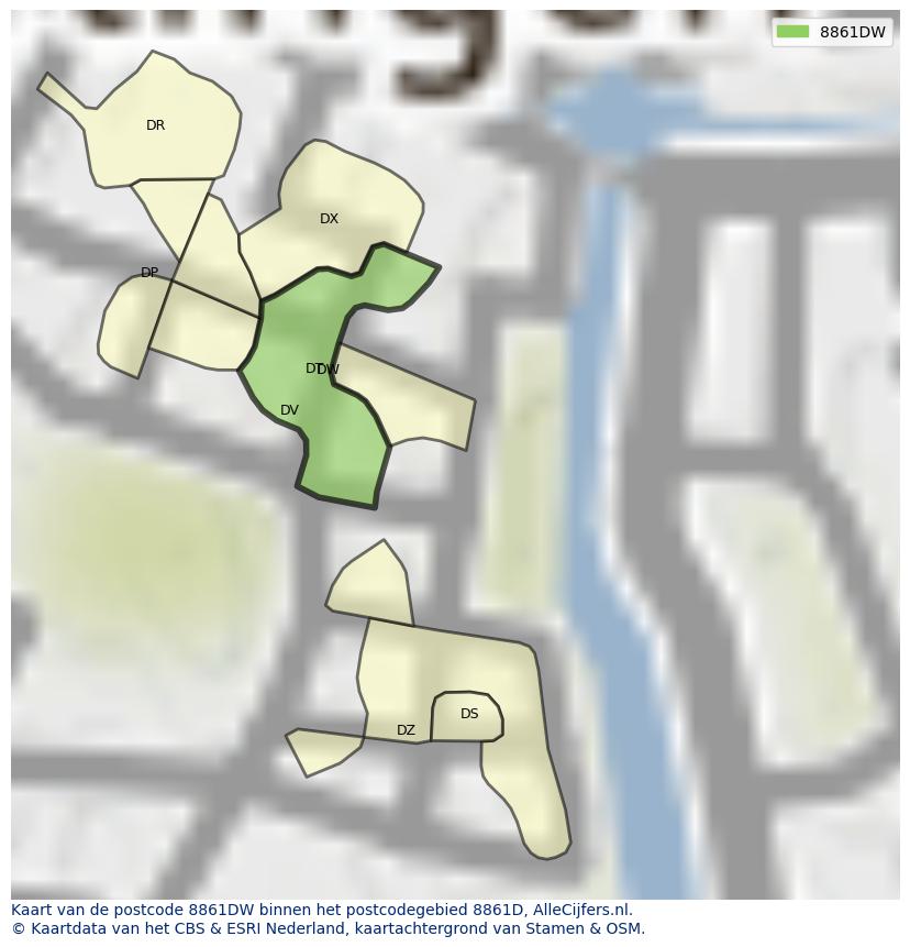 Afbeelding van het postcodegebied 8861 DW op de kaart.