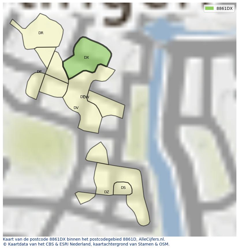 Afbeelding van het postcodegebied 8861 DX op de kaart.