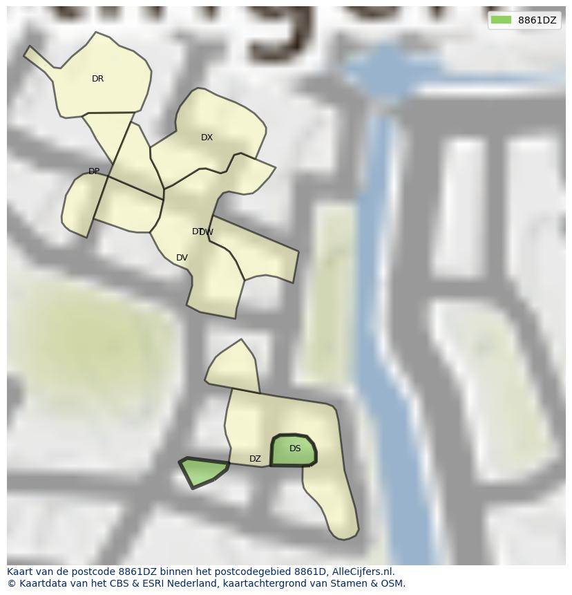 Afbeelding van het postcodegebied 8861 DZ op de kaart.
