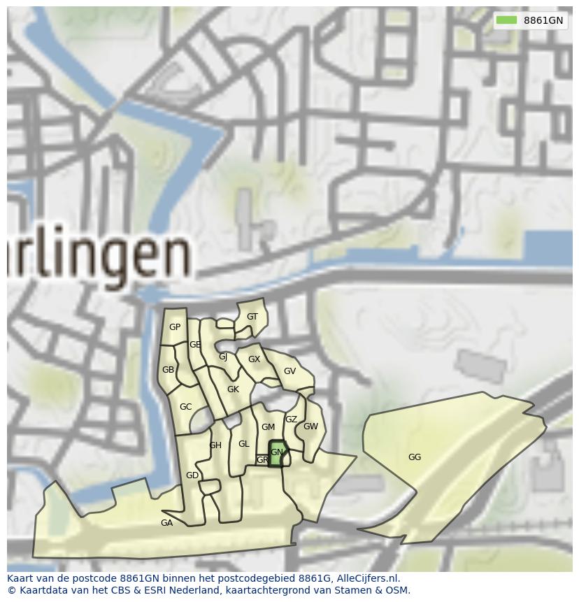Afbeelding van het postcodegebied 8861 GN op de kaart.