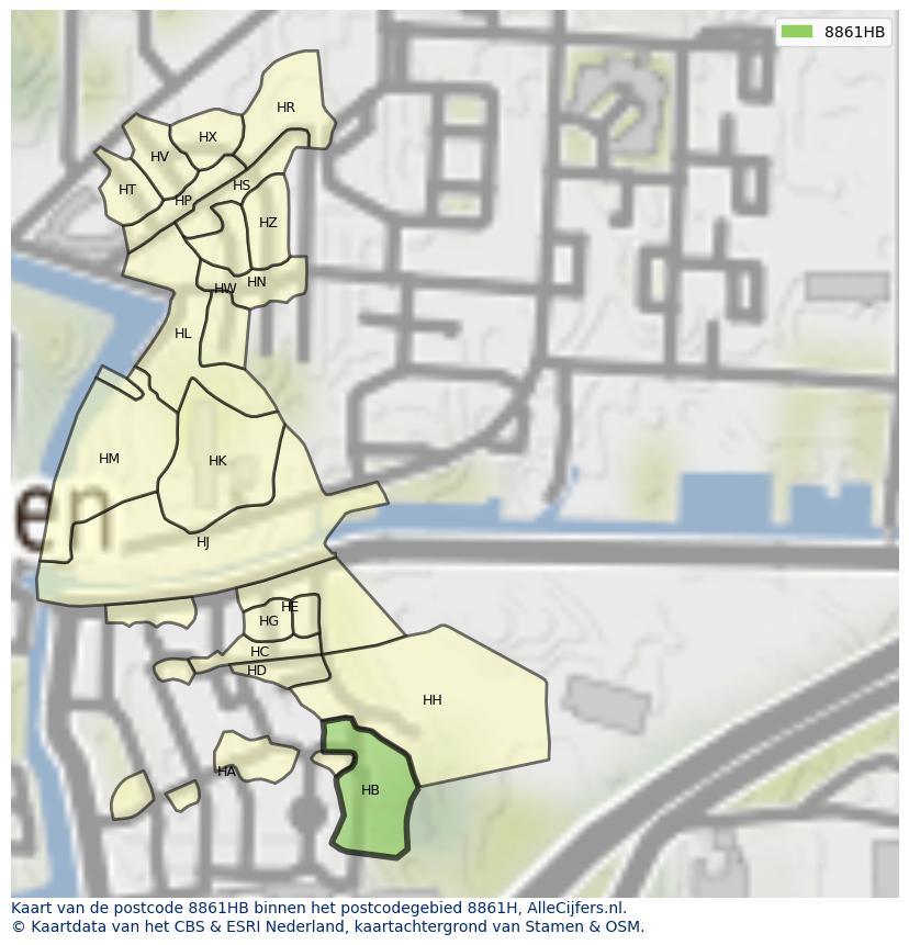 Afbeelding van het postcodegebied 8861 HB op de kaart.