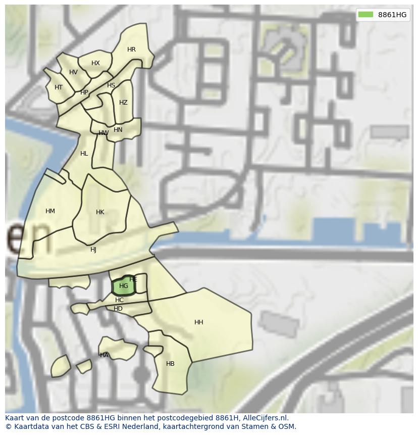 Afbeelding van het postcodegebied 8861 HG op de kaart.